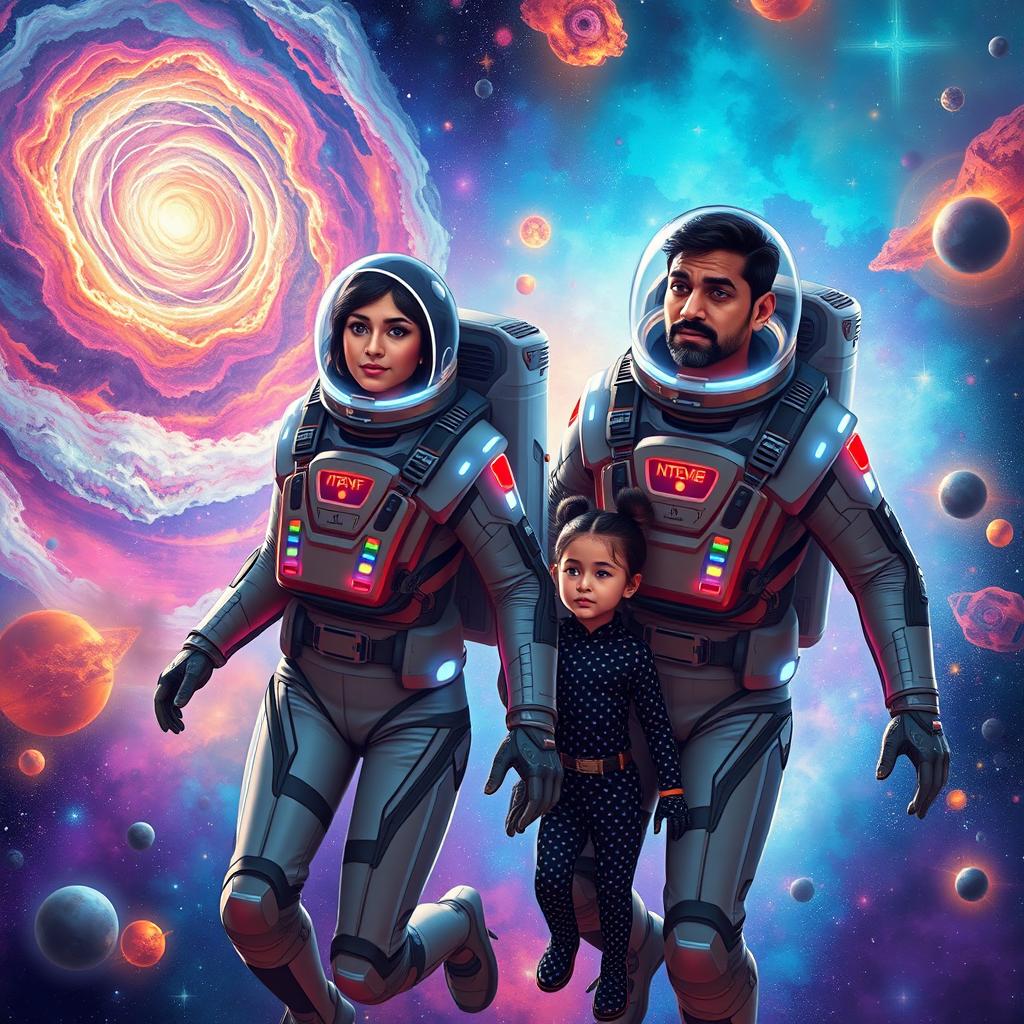 A 27-year-old Indian woman and a 30-year-old Indian man, both wearing sleek, futuristic space suits adorned with glowing technology, are traveling through space