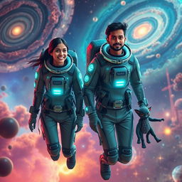 A 27-year-old Indian woman and a 30-year-old Indian man, both wearing sleek, futuristic space suits adorned with glowing technology, are traveling through space