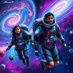 A 27-year-old Indian woman and a 30-year-old Indian man, both wearing sleek, futuristic space suits adorned with glowing technology, are traveling through space