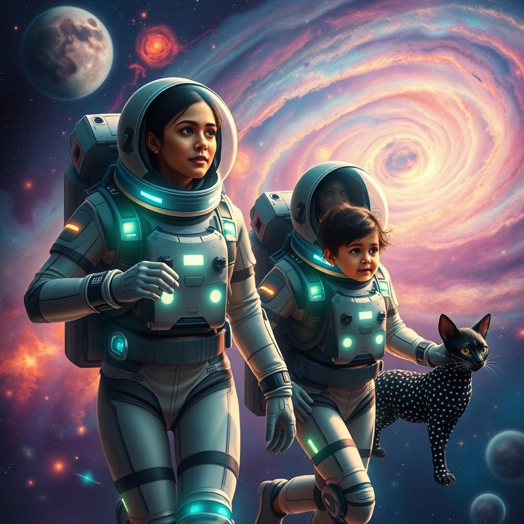 A 27-year-old Indian woman and a 30-year-old Indian man, both wearing sleek, futuristic space suits adorned with glowing technology, are traveling through space