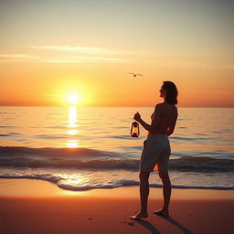 An inspiring scene depicting a person standing on a serene beach at dawn, gazing at the horizon where the sun is just beginning to rise, casting golden reflections on the water