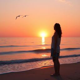 An inspiring scene depicting a person standing on a serene beach at dawn, gazing at the horizon where the sun is just beginning to rise, casting golden reflections on the water