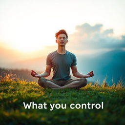 An individual sitting peacefully in a meditative pose on a grassy hillside, overlooking a serene landscape as the sun sets