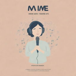 Calm, aesthetic poster design with a central introverted figure surrounded by musical notes and softly holding a microphone. Implement soothing colors and a moe (cute, soft) style, creating a peaceful ambiance for the music-loving singer.