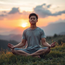 An individual sitting peacefully in a meditative pose on a grassy hillside, overlooking a serene landscape as the sun sets