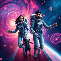 A cinematic film poster titled 'Journey into the Universe' featuring a 27-year-old Indian woman and a 30-year-old Indian man, both wearing sleek, futuristic space suits