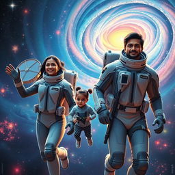 A cinematic film poster titled 'Journey into the Universe' featuring a 27-year-old Indian woman and a 30-year-old Indian man, both wearing sleek, futuristic space suits