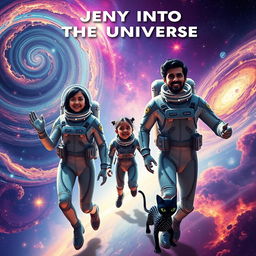 A cinematic film poster titled 'Journey into the Universe' featuring a 27-year-old Indian woman and a 30-year-old Indian man, both wearing sleek, futuristic space suits