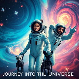 A cinematic film poster titled 'Journey into the Universe' featuring a 27-year-old Indian woman and a 30-year-old Indian man, both wearing sleek, futuristic space suits