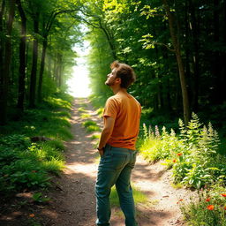 A hopeful individual standing at a crossroads in a lush forest, gazing up a well-trodden path that leads through the trees towards a bright, inviting light in the distance