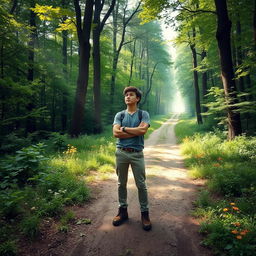 A hopeful individual standing at a crossroads in a lush forest, gazing up a well-trodden path that leads through the trees towards a bright, inviting light in the distance