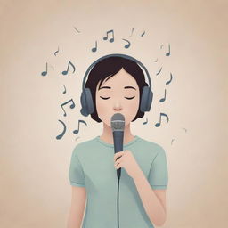 Calm, aesthetic poster design with a central introverted figure surrounded by musical notes and softly holding a microphone. Implement soothing colors and a moe (cute, soft) style, creating a peaceful ambiance for the music-loving singer.