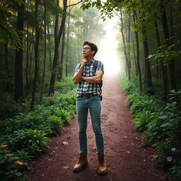 A hopeful individual standing at a crossroads in a lush forest, gazing up a well-trodden path that leads through the trees towards a bright, inviting light in the distance