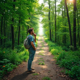 A hopeful individual standing at a crossroads in a lush forest, gazing up a well-trodden path that leads through the trees towards a bright, inviting light in the distance