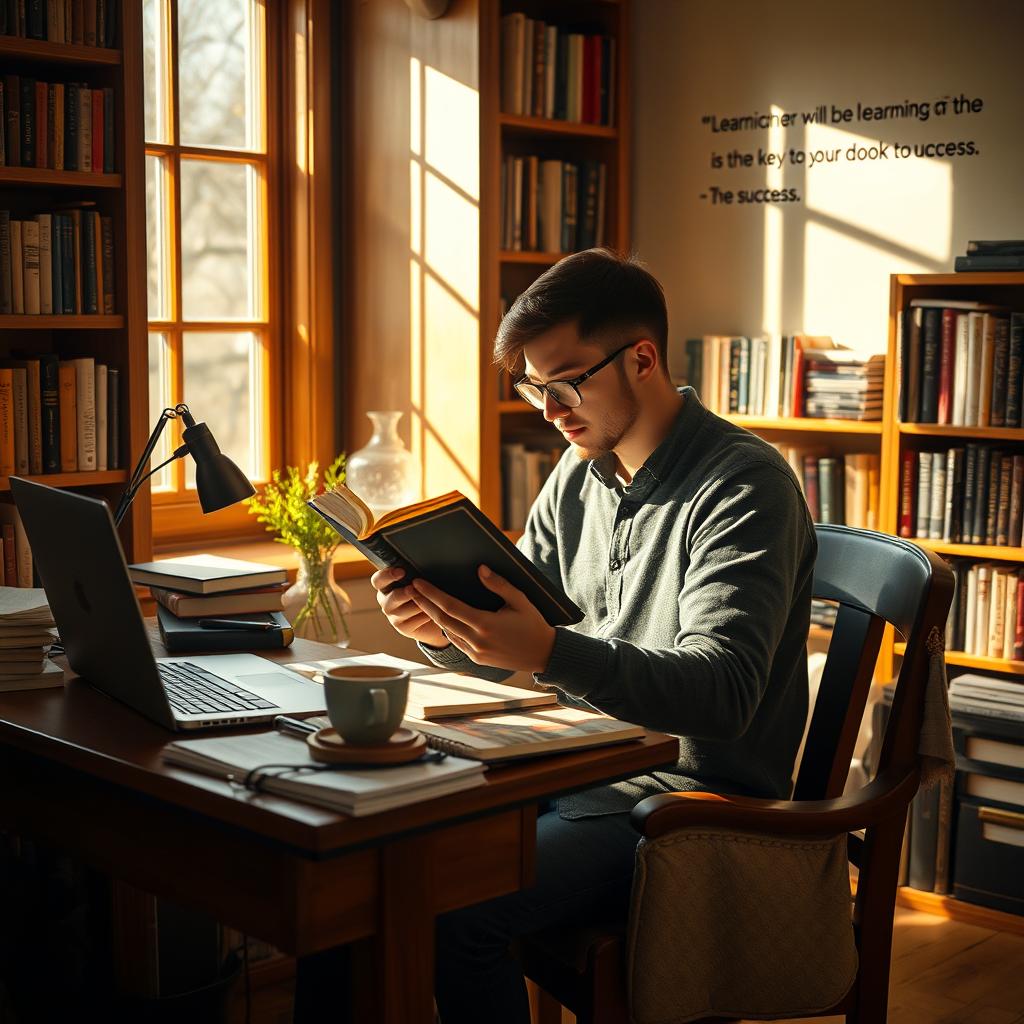 A studious individual seated at a cozy desk in a warmly lit room filled with bookshelves, deeply focused on reading a thick book