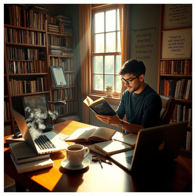 A studious individual seated at a cozy desk in a warmly lit room filled with bookshelves, deeply focused on reading a thick book