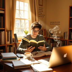 A studious individual seated at a cozy desk in a warmly lit room filled with bookshelves, deeply focused on reading a thick book