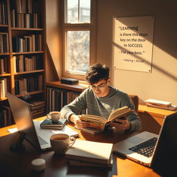 A studious individual seated at a cozy desk in a warmly lit room filled with bookshelves, deeply focused on reading a thick book