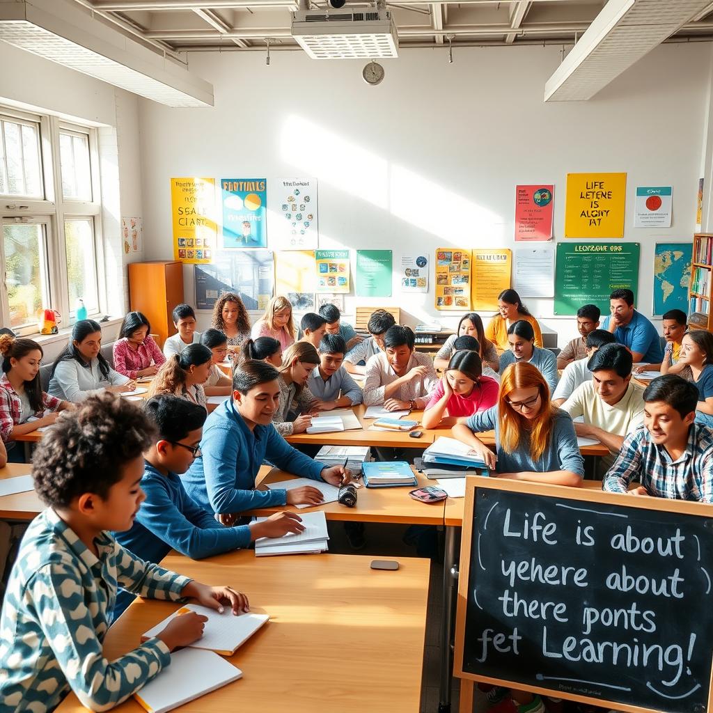 A vibrant classroom filled with diverse individuals of various ages, passionately engaged in learning