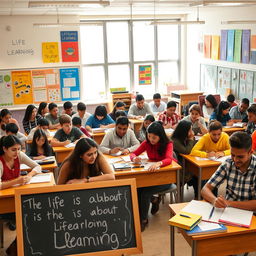 A vibrant classroom filled with diverse individuals of various ages, passionately engaged in learning