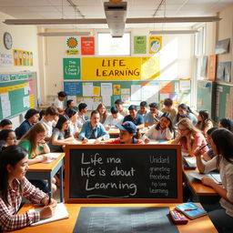 A vibrant classroom filled with diverse individuals of various ages, passionately engaged in learning