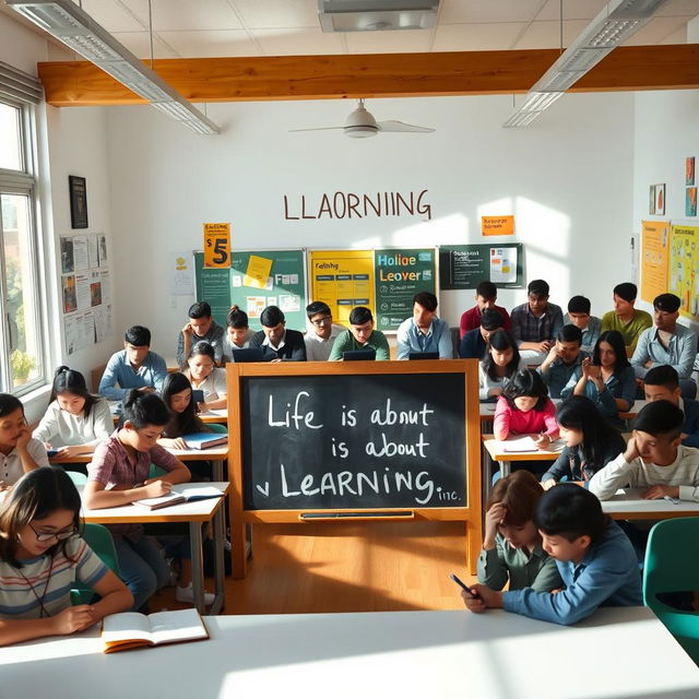 A vibrant classroom filled with diverse individuals of various ages, passionately engaged in learning