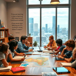 An individual of diverse background sitting at a large wooden table surrounded by an array of educational materials such as books, maps, and digital devices