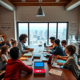 An individual of diverse background sitting at a large wooden table surrounded by an array of educational materials such as books, maps, and digital devices