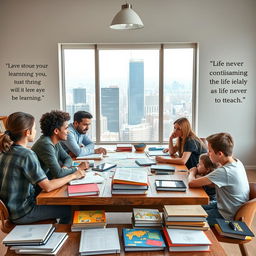 An individual of diverse background sitting at a large wooden table surrounded by an array of educational materials such as books, maps, and digital devices