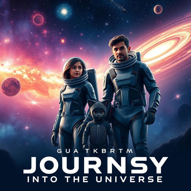 A cinematic film poster titled 'Journey into the Universe', featuring a 27-year-old Indian woman in a sleek, futuristic space suit