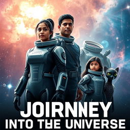 A cinematic film poster titled 'Journey into the Universe', featuring a 27-year-old Indian woman in a sleek, futuristic space suit