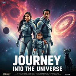 A cinematic film poster titled 'Journey into the Universe', featuring a 27-year-old Indian woman in a sleek, futuristic space suit