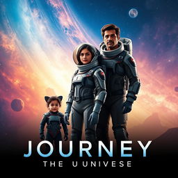 A cinematic film poster titled 'Journey into the Universe', featuring a 27-year-old Indian woman in a sleek, futuristic space suit