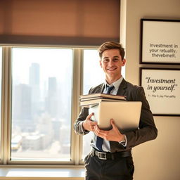 A confident young person standing in front of a large window overlooking a city skyline, holding a stack of books and a laptop