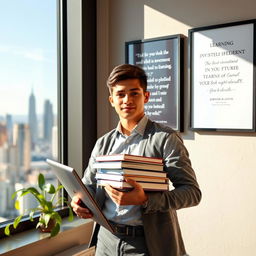 A confident young person standing in front of a large window overlooking a city skyline, holding a stack of books and a laptop