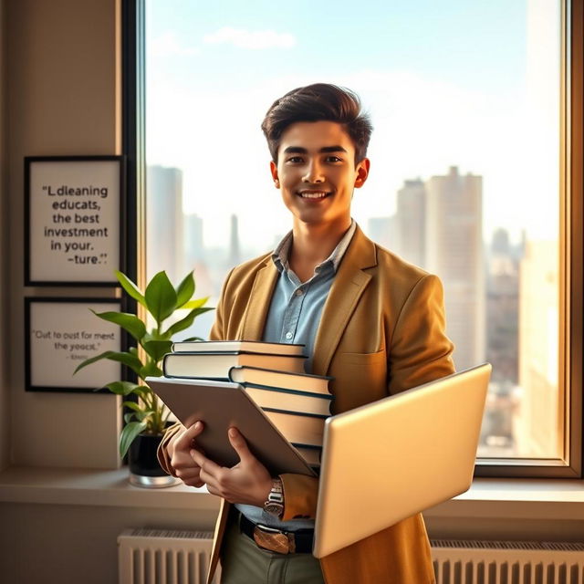 A confident young person standing in front of a large window overlooking a city skyline, holding a stack of books and a laptop