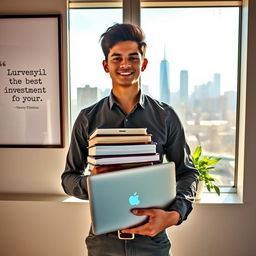 A confident young person standing in front of a large window overlooking a city skyline, holding a stack of books and a laptop