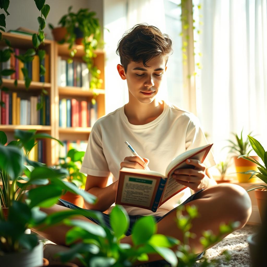 A serene and inspiring scene depicting self-motivation, featuring a young adult sitting peacefully in a sunlit room filled with plants, writing in a journal