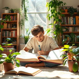 A serene and inspiring scene depicting self-motivation, featuring a young adult sitting peacefully in a sunlit room filled with plants, writing in a journal