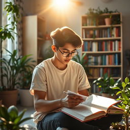 A serene and inspiring scene depicting self-motivation, featuring a young adult sitting peacefully in a sunlit room filled with plants, writing in a journal