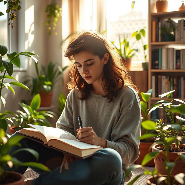 A serene and inspiring scene depicting self-motivation, featuring a young adult sitting peacefully in a sunlit room filled with plants, writing in a journal