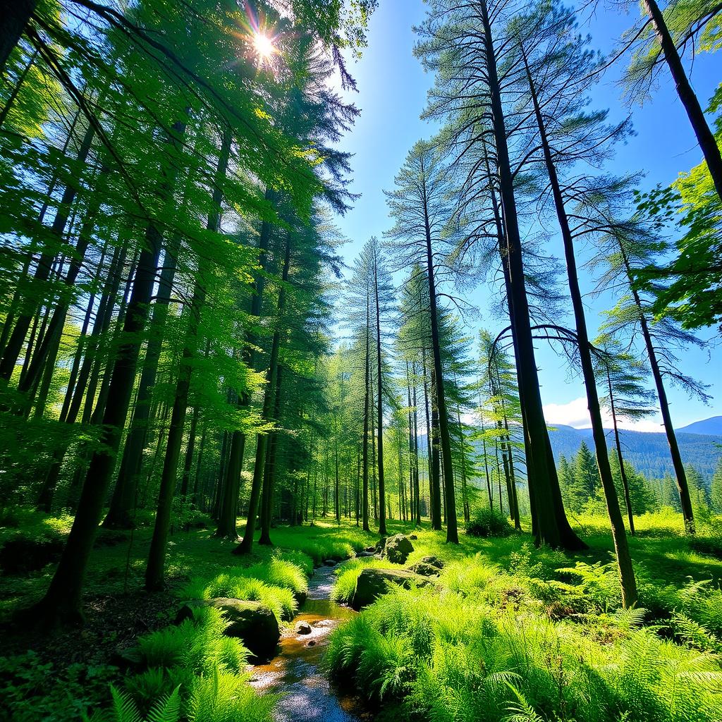 A serene forest scene with tall, lush green trees reaching towards a bright blue sky