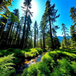 A serene forest scene with tall, lush green trees reaching towards a bright blue sky