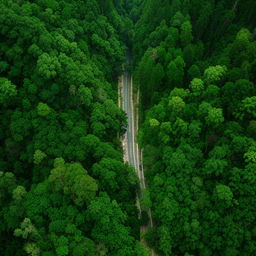 An aerial view of a well-tarred straight road cutting through the heart of a lush, dense forest.
