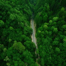 An aerial view of a well-tarred straight road cutting through the heart of a lush, dense forest.