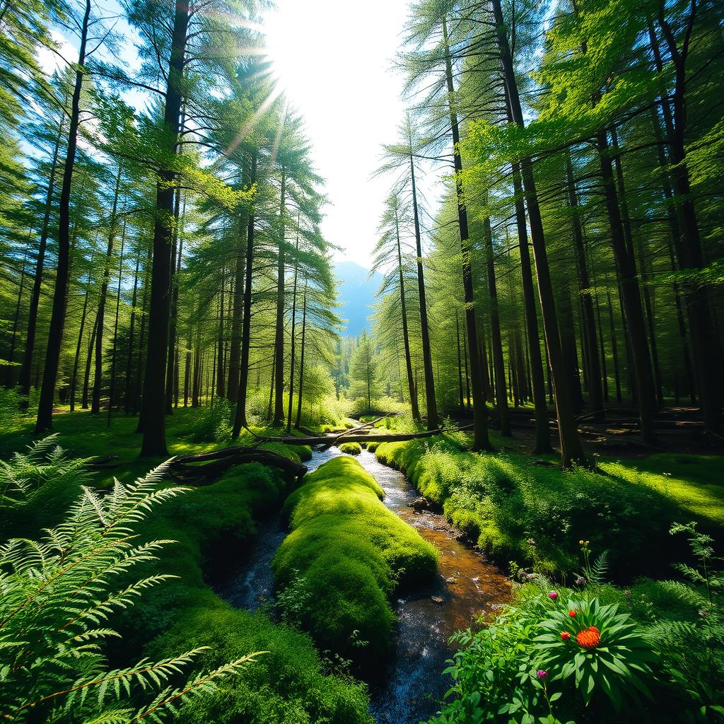 A serene forest scene with tall, lush green trees reaching towards a bright blue sky