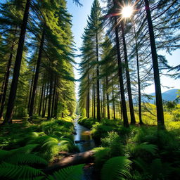 A serene forest scene with tall, lush green trees reaching towards a bright blue sky