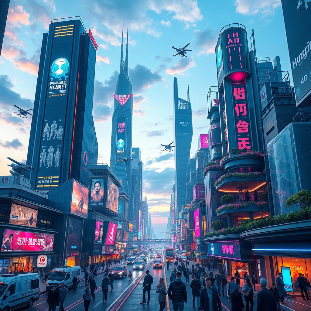 A futuristic cityscape rendered in stunning 4D style, featuring soaring skyscrapers with holographic advertisements, vibrant neon lights illuminating the streets, flying vehicles, and futuristic architecture that blends seamlessly with nature, such as vertical gardens