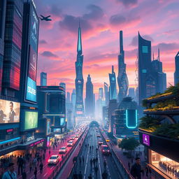 A futuristic cityscape rendered in stunning 4D style, featuring soaring skyscrapers with holographic advertisements, vibrant neon lights illuminating the streets, flying vehicles, and futuristic architecture that blends seamlessly with nature, such as vertical gardens