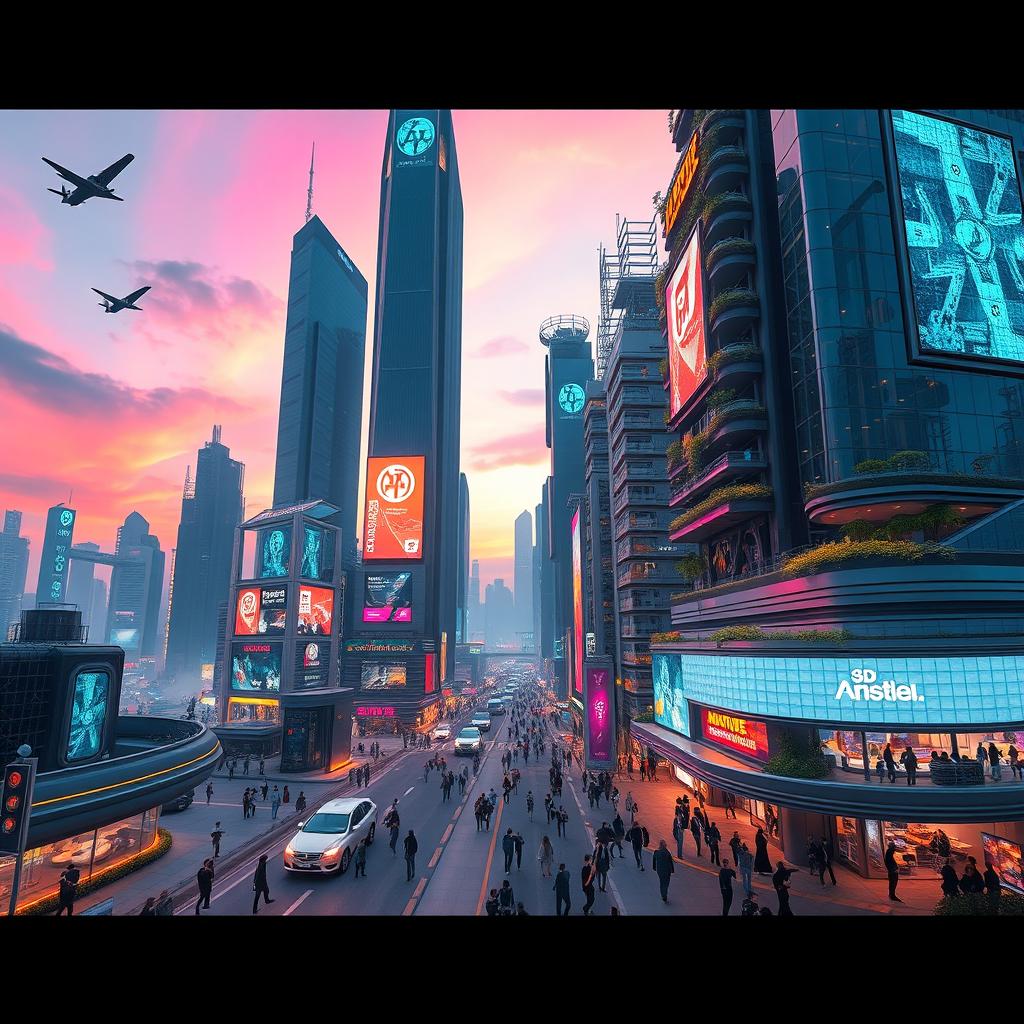 A futuristic cityscape rendered in stunning 4D style, featuring soaring skyscrapers with holographic advertisements, vibrant neon lights illuminating the streets, flying vehicles, and futuristic architecture that blends seamlessly with nature, such as vertical gardens